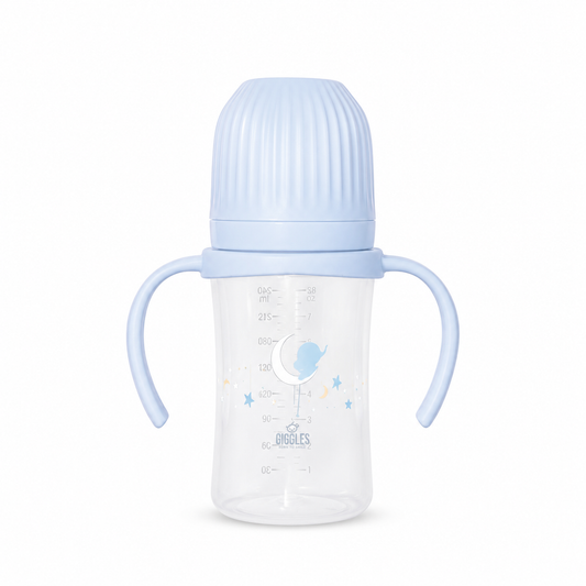Giggles Wide Neck Baby Feeder with Handle 240ml Blue BPA-Free Feeding Bottle