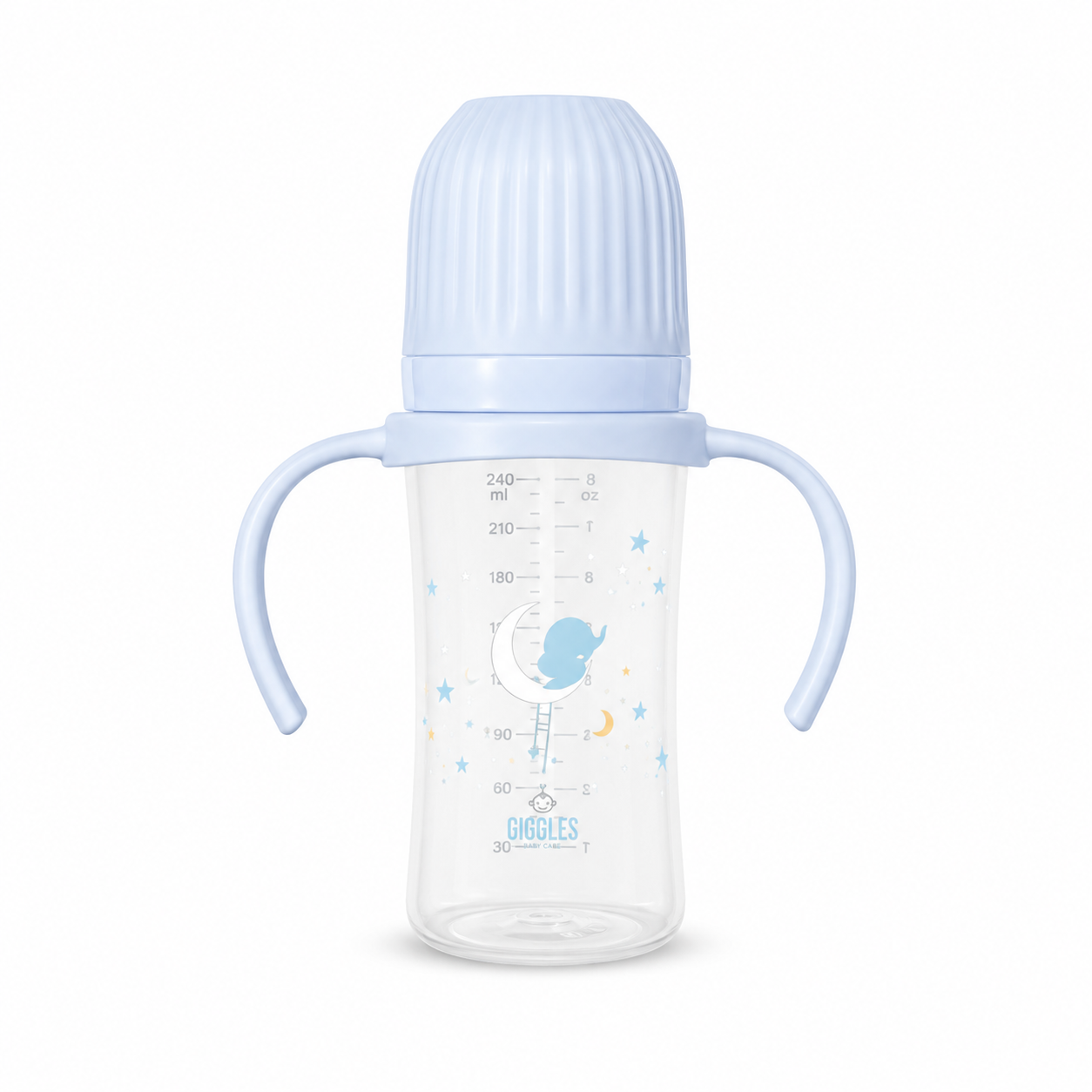 Giggles Wide Neck Baby Feeder with Handle 300ml Blue BPA-Free Feeding Bottle