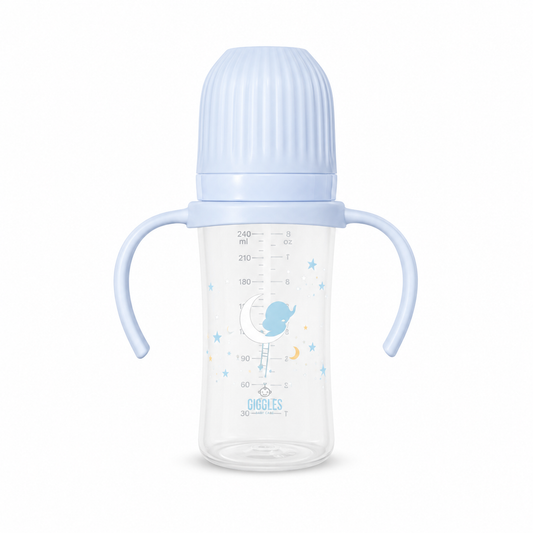 Giggles Wide Neck Baby Feeder with Handle 300ml Blue BPA-Free Feeding Bottle