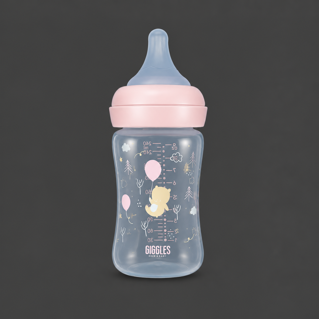 Giggles Wide Neck Baby Feeder 260ml Pink BPA-Free Feeding Bottle