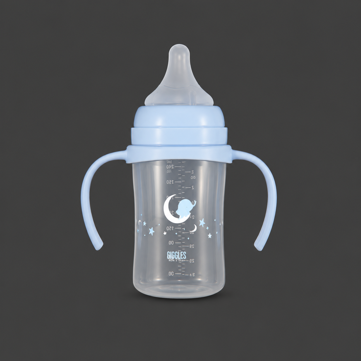 Giggles Wide Neck Baby Feeder with Handle 240ml Blue BPA-Free Feeding Bottle