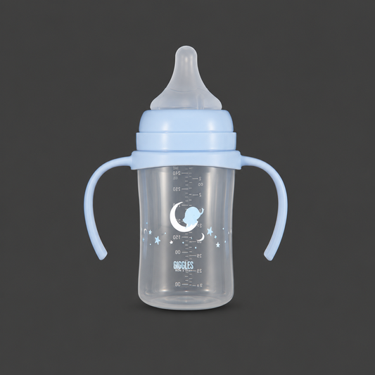 Giggles Wide Neck Baby Feeder with Handle 240ml Blue BPA-Free Feeding Bottle