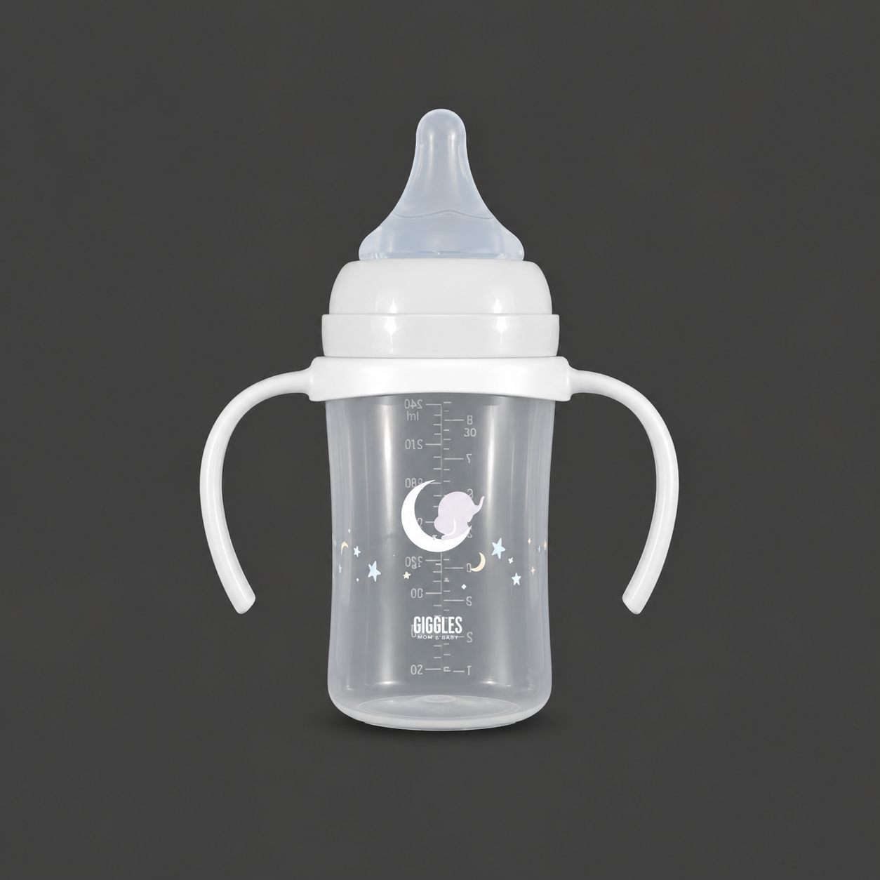 Giggles Wide Neck Baby Feeder with Handle 240ml Grey BPA-Free Feeding Bottle