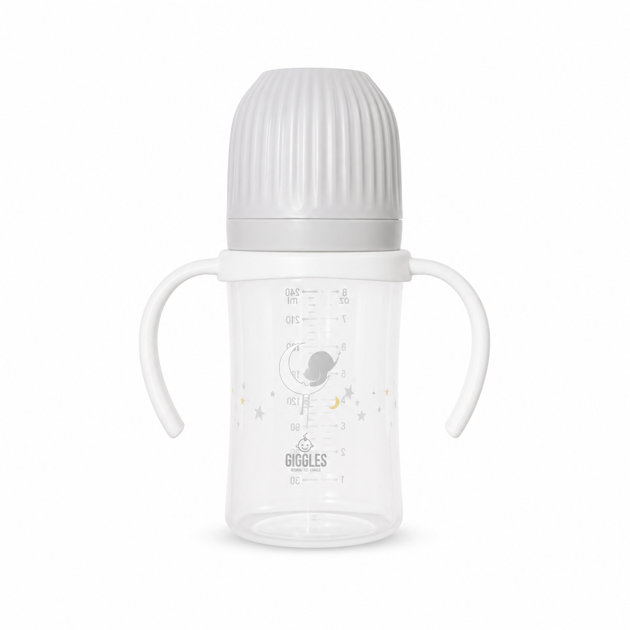 Giggles Wide Neck Baby Feeder with Handle 240ml Grey BPA-Free Feeding Bottle