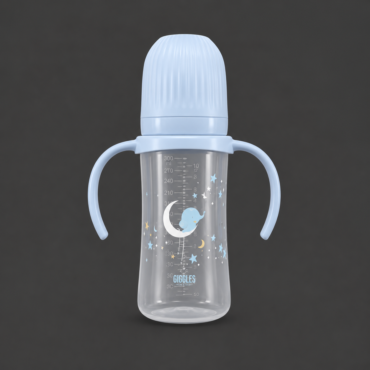Giggles Wide Neck Baby Feeder with Handle 300ml Blue BPA-Free Feeding Bottle