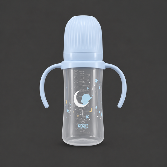 Giggles Wide Neck Baby Feeder with Handle 300ml Blue BPA-Free Feeding Bottle