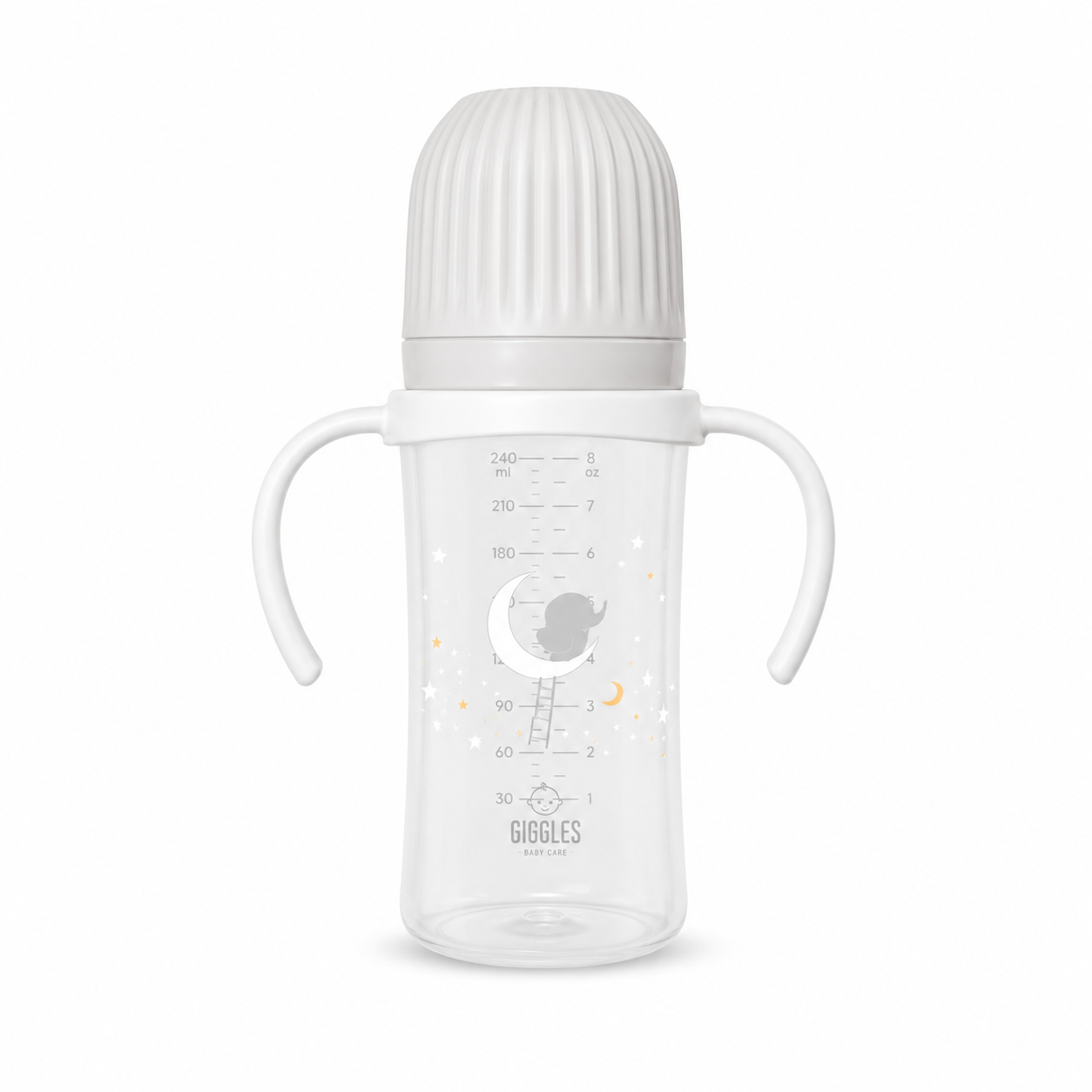 Giggles Wide Neck Baby Feeder with Handle 300ml Grey BPA-Free Feeding Bottle