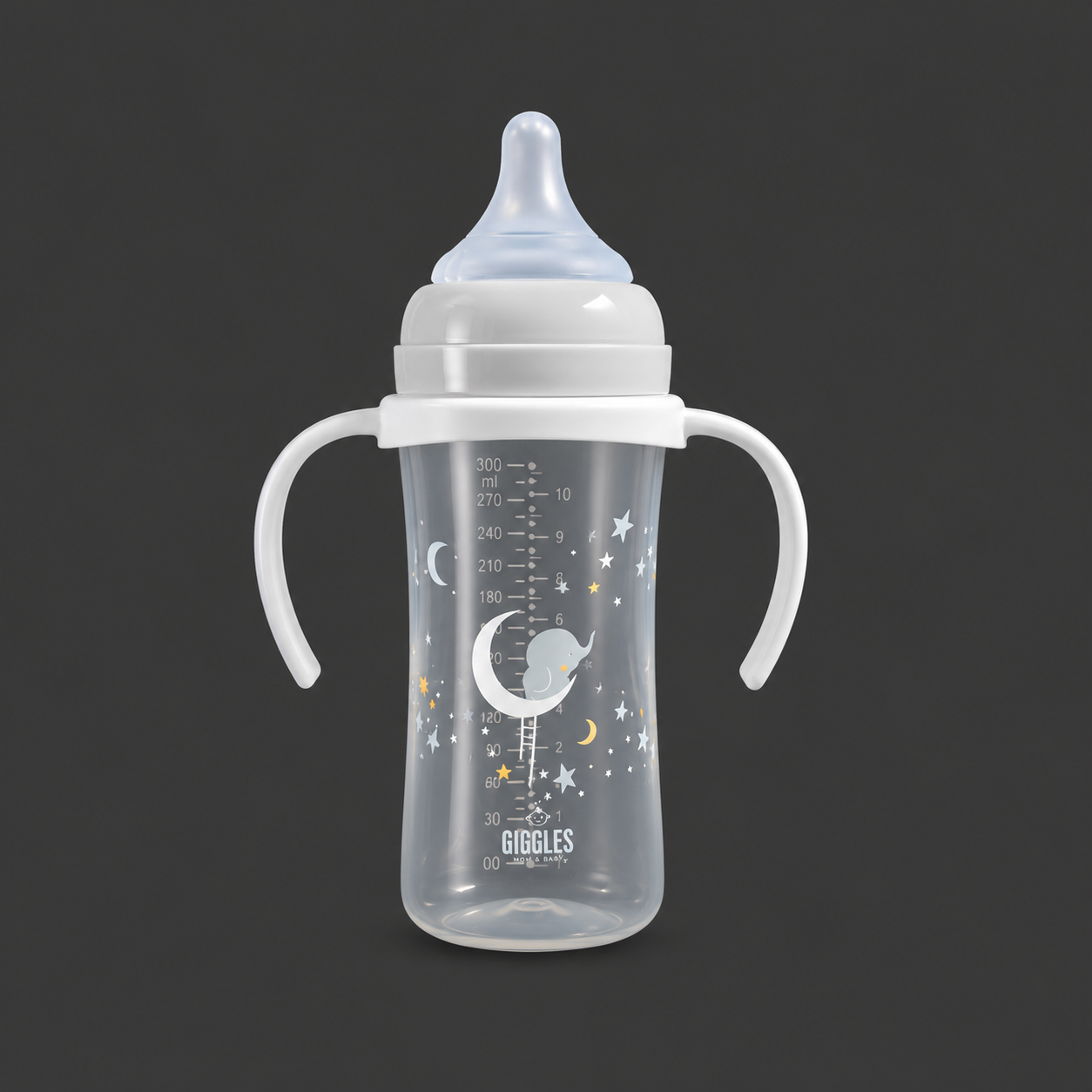 Giggles Wide Neck Baby Feeder with Handle 300ml Grey BPA-Free Feeding Bottle